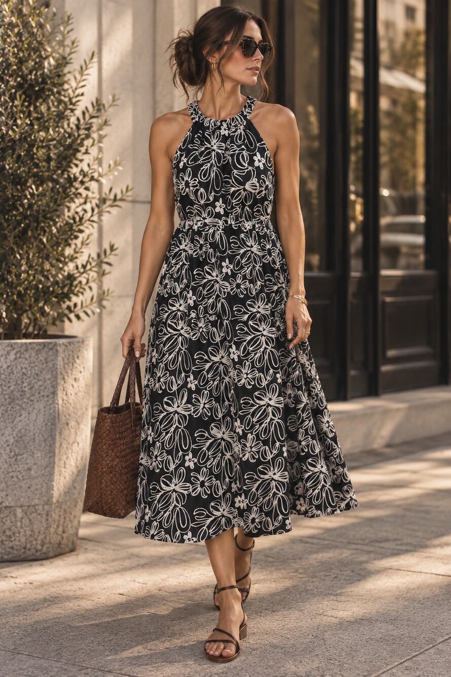 Heyson Black Floral Embroidered Halter Dress size M NWT